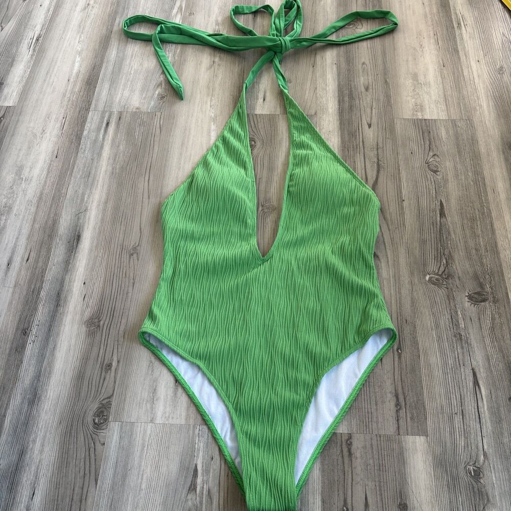 NWOT Zaful Textured Green Plunge Neck One Piece Swimsuit Size Large